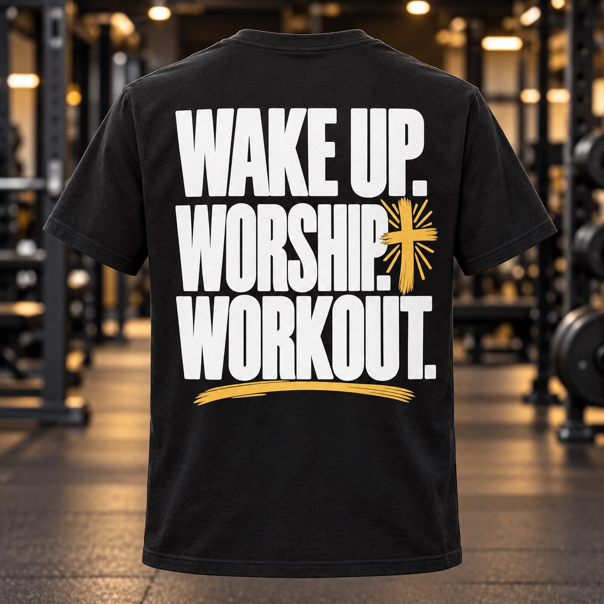 Back of the black Wake Up Worship Workout tee with solid white lettering and gold cross