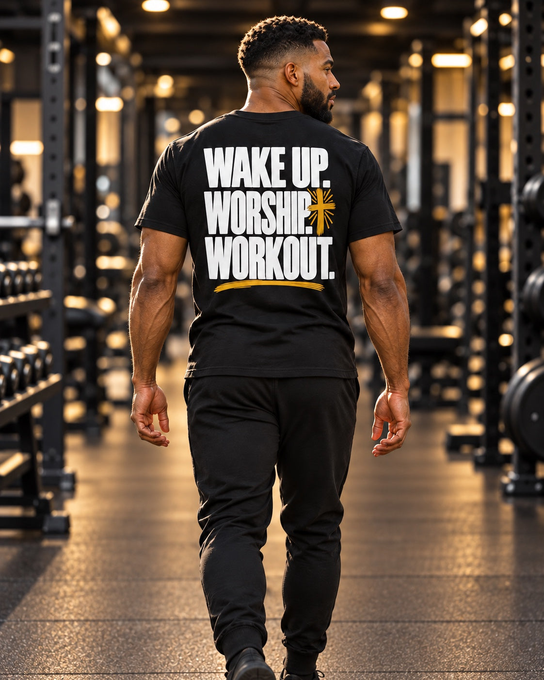 Isaiah wearing the black Wake Up Worship Workout tee in the gym, showing the white and gold back graphic